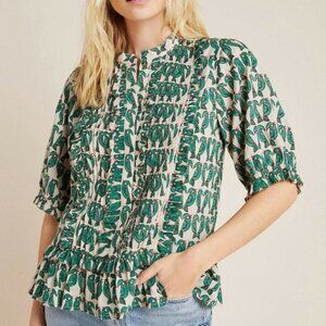 Anthropologie Maeve Birdie Ruffled Button Down Blouse Green Cream -2